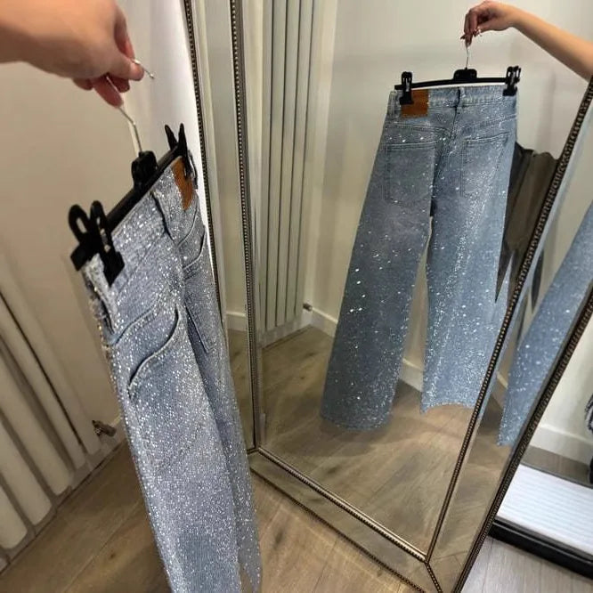 Straight Jeans for Women Diamonds Pants Stretch High Waist Washed Distressed Pockets Vintage Denims Streetwear Female Trousers
