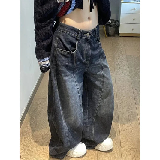 Black Womens Jeans High Waist Vintage Design Hip Hop Straight Baggy Denim Pants Street Y2K American Style Wide Leg Denim Trouser
