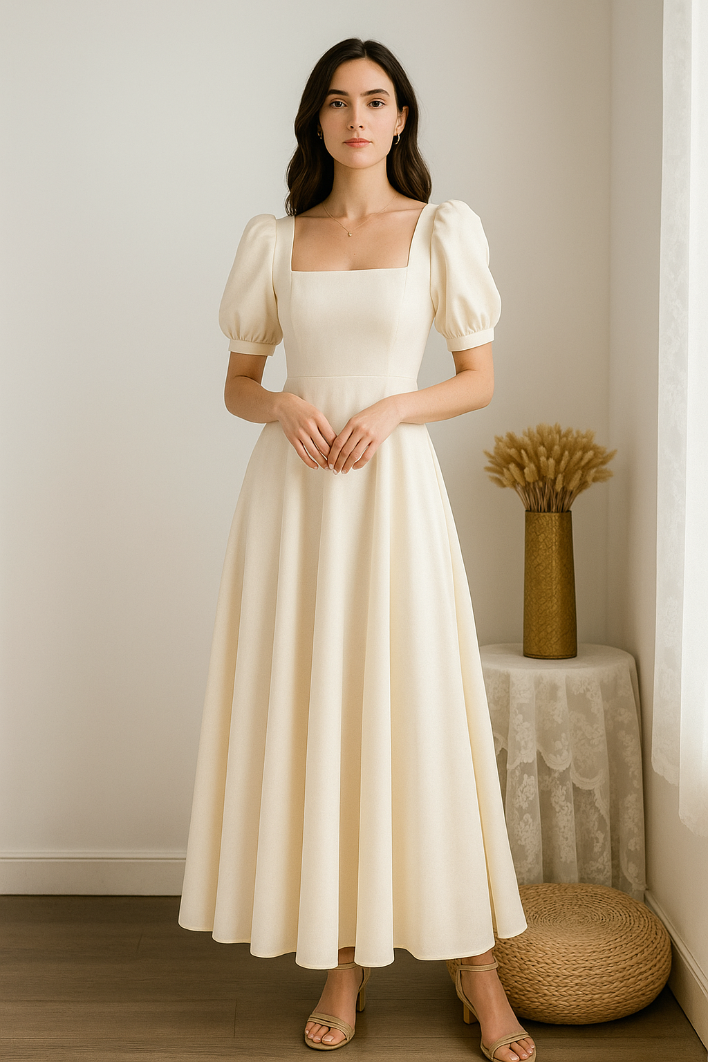 Slim Fit Women White Dress Bubble Sleeve Square Neck Light Wind Style Long Skirt Summer Casual Korean Style