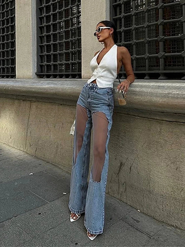 2025 Designer Women's Jeans Pant Blue Denim With Sheer Mesh Knee Panels Hip Hop Style Distressed High Waist Streetwear Trousers